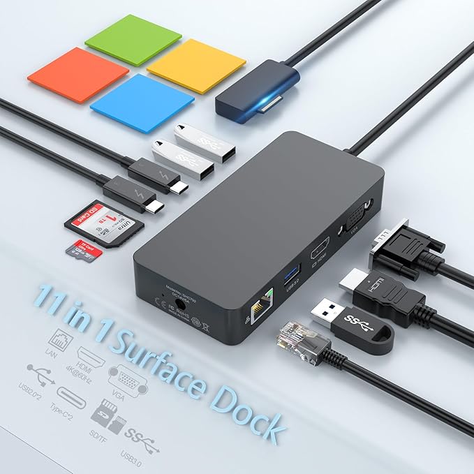for Microsoft Surface Dock Triple Displays HDMI+VGA 11 in 1 Surface pro Docking Station for Surface Pro 10/9/8/X/7/6/5/4Surface Laptop 6/5/4/3/2 Surface Book (HDMI VGA Ethernet SD/TF Audio 5*USB)