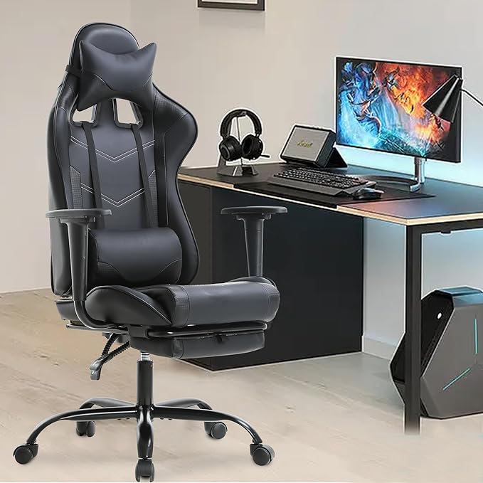 High Back PU Leather Gaming Chairs Computer Chair with Headrest &amp Lumbar Support Height Adjustable Wide Seat Gamer Chair Gaming Chairs for Adults Game Chair with Footrest &amp Armrest