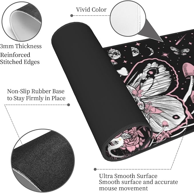 Hippie Mushroom Skull Mouse Pad Extended XL Gaming Mice Pad Office Desk Mat with Stitched Edges Non-Slip Oversized Desk Pad 31.5 X 11.8 Inch