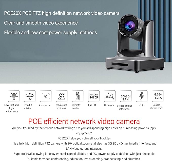 Yoidesu PTZ Camera with 20x Optical Zoom POE with Network IP Live Streaming Simultaneous 3G - SDI and USB Video Output Camera for Conferences Church (US Plug)