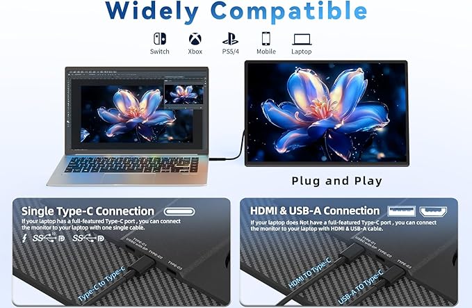 16 Portable Monitor for Laptop - 1200P FHD Horizontal Vertical with Detachable Kickstand Built-in Speakers Plug &amp Play Travel External Screen for Wins Mac Chrome
