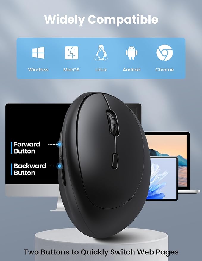 TECKNET Ergonomic Mouse Bluetooth Wireless Vertical Mouse Rechargeable Battery Quiet Clicks 4800 DPI Adjustable BT5.0/3.0 &amp 2.4G Connect Easy to use Wide Compatibility - Black