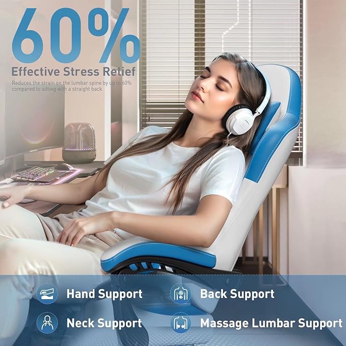 HLDIRECT Gaming Chair Ergonomic Video Game Seat with 360° Swivel &amp Lumbar Massage Computer Chair PU Leather Cushion for Adults Home/Office Use (Whtie &amp Blue)