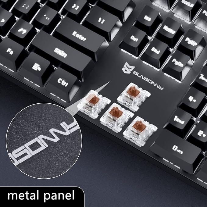 Brown Switch Black Full Size Mechanical Gaming Keyboard | 104 Keys US Layout Ice Blue Backlit Wired PC Gaming Keyboards | Hot Swappable LED Backlit Wired Mechanical Computer Keyboards