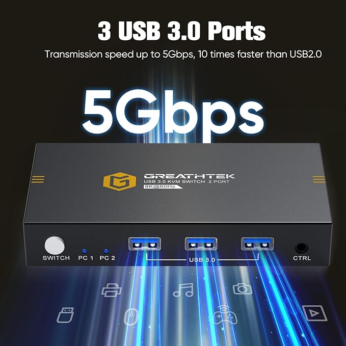 KVM Switches 2 Port 8K@60Hz GREATHTEK KVM Switch HDMI Share USB Devices with 3 USB3.0 Hubs 2 Computers 1 Monitor Share Keyboard Mouse Printer Button Switch Desktop Remote Control Plug and Play