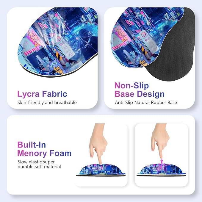Large Gaming Mouse Pad Set 4 in 1 Extended Keyboard Desk Mat with Wrist Rest Computer Game Mousepad Non-Slip Desk Pad Protector Easy Typing Pain Relief for Home Office I Anime Neon Street