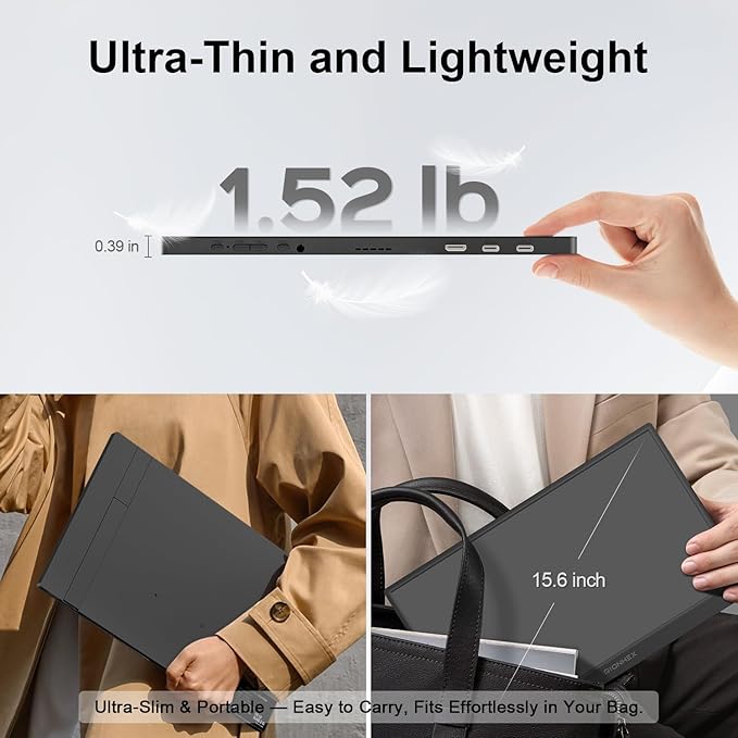Portable Monitor 15.6 inch 1080P USB-C HDMI Travel Monitor Built-in Stand VESA External Screen for Laptop PC Mac PS Xbox Swich IPS HDR Ultra-Thin