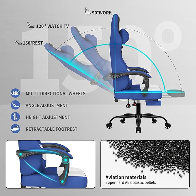 Gaming Chair with FootrestFabric Computer Chair with Pocket Spring CushionHigh Back Comfortable Ergonomic Office Chairs with Lumbar SupportHeight Adjustable Gamer Chair for AdultsBlue