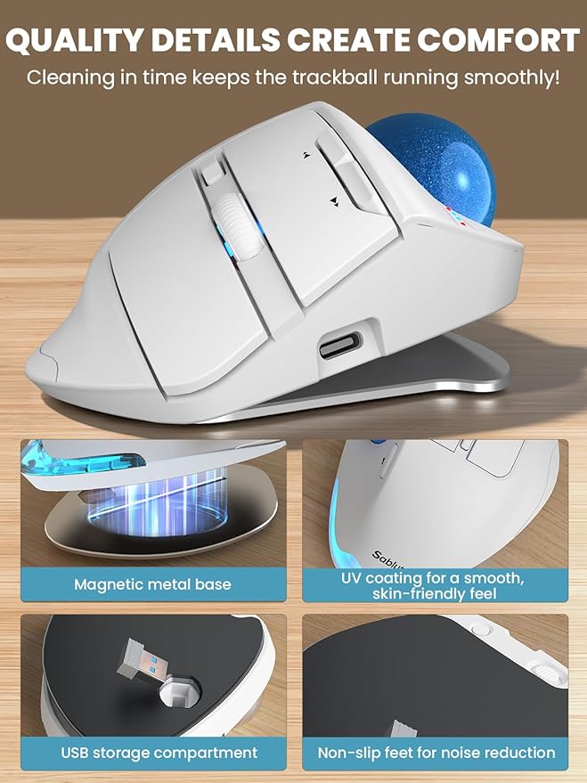 MAM1 Pro Wireless Trackball Mouse Ergonomic Bluetooth Rechargeable Computer Mouse Backlit Rollerball Thumb mice with 5 Level DPI Adjustable Angle 3 Devices Connection for PC Windows - White Mouse