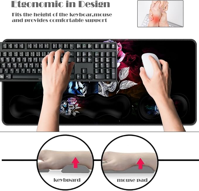 Ergonomic Keyboard Wrist Rest &amp Mouse Pad Wrist Rest SetXL Gaming Desk Mat 31.5x 11.8Non-Slip BaseMemory FoamEasy Typing Pain Relief for Office &amp HomeTiger Skull Dual Face