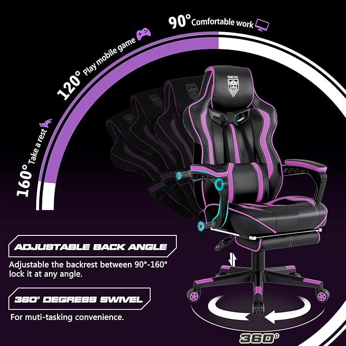 Vonesse Purple Gaming Chair with Footrest Reclining Computer Gaming Chairs for Adults Ergonomic Gamer Chair with Massage Big and Tall PC Game Chair(Purple/Black)