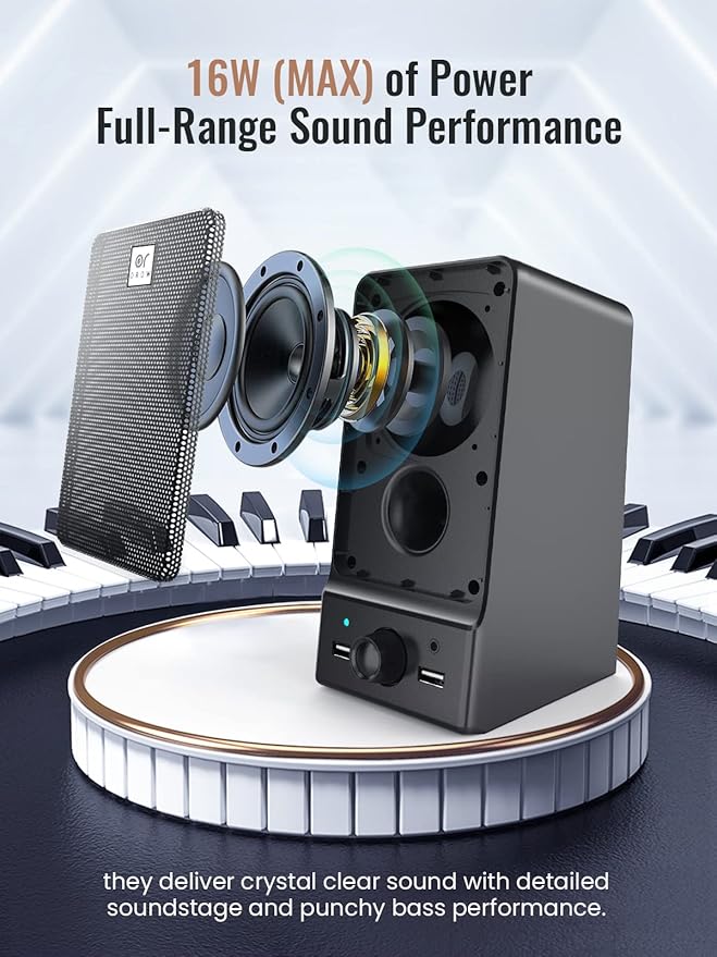 OROW USB Computer SpeakersHi-Fi Stereo PC Speakers16W Desktop SpeakerBuilt-in DSP Sound Chip Deep Bass&ampPure VocalLaptop Speakers with Headphone Jack(S203)