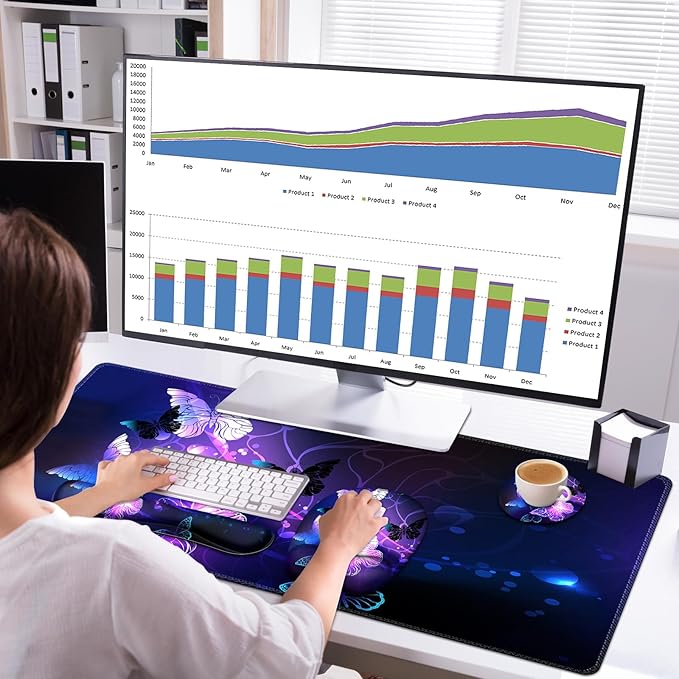 Large Mouse Pad with Wrist Support 4in1 Set XXL Game Mousepad + Keyboard Wrist Rest+Mouse Wrist Rest+Coaster with Ergonomic Design Gaming Mat for Home Office Table Computer I Purple Butterfly