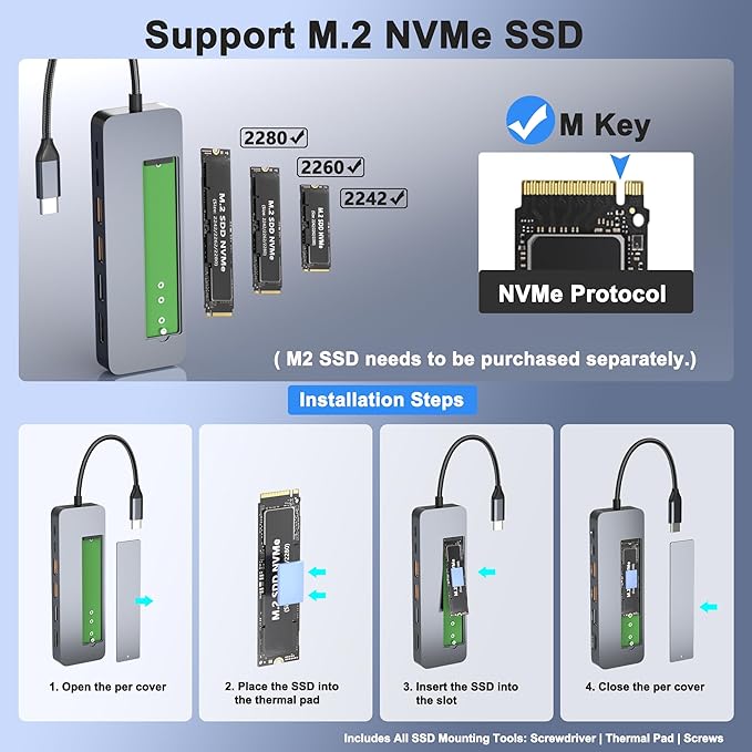 USB C Docking Station with M.2 NVMe SSD Enclosure 10Gbps 9 in 1 USB-C Hub Type C SSD Slot with 4K@60Hz HDMI USB 3.2 Gen2 PD100W SD/TF Card Reader Laptop Docking Station for Dell/HP/Lenovo/Mac
