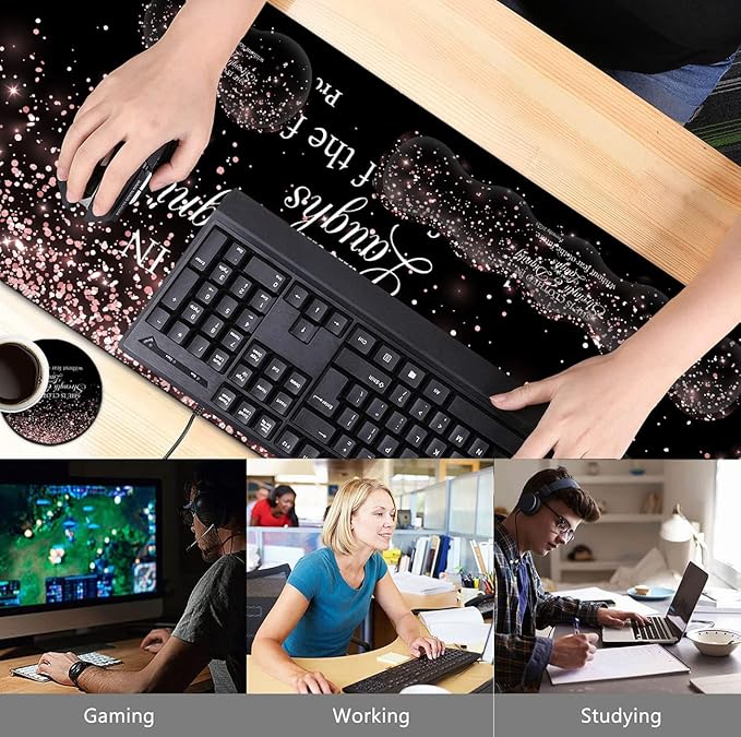 Large Mouse PadErgonomic Mouse Wrist Support+Keyboard Wrist Rest Set+Extended Gaming Mouse Pad Proverbs 31:25 Bible Rose Gold Office Desk Mat Writing Mat Laptop Protector Accessories Black Desk Pad