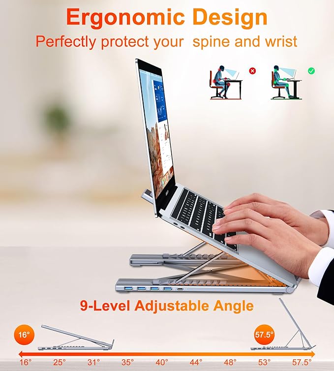 5-in-1 USB C Hub Adjustable Aluminum Laptop Stand 4-Port USB A 3.0 with 5Gbps Data Transfer USB C Hub Docking Station [Charging Not Supported] for MacBookPro/Air/Dell/HP/Lenovo