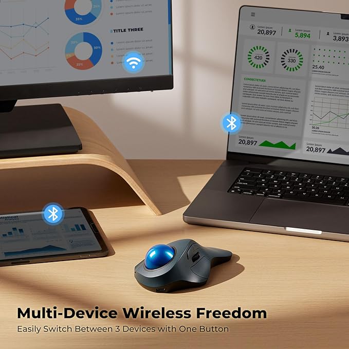Wireless Trackball Mouse for Large Hands Ergonomic Index Finger Control Rechargeable Bluetooth/USB Mouse with Precise Smooth Tracking Multi-Device Connection for Windows &amp Mac Dark Blue