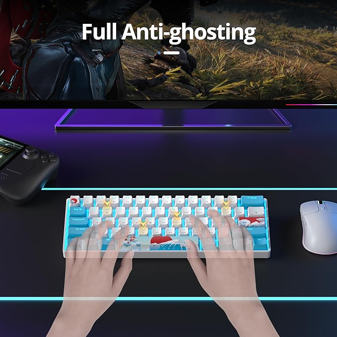 surmen 60% Wired Mechanical Gaming Keyboard Backlit Ultra-Compact Mini Office Keyboard with Red Switch for PC/Mac Gamer Typist (61 Blue White)