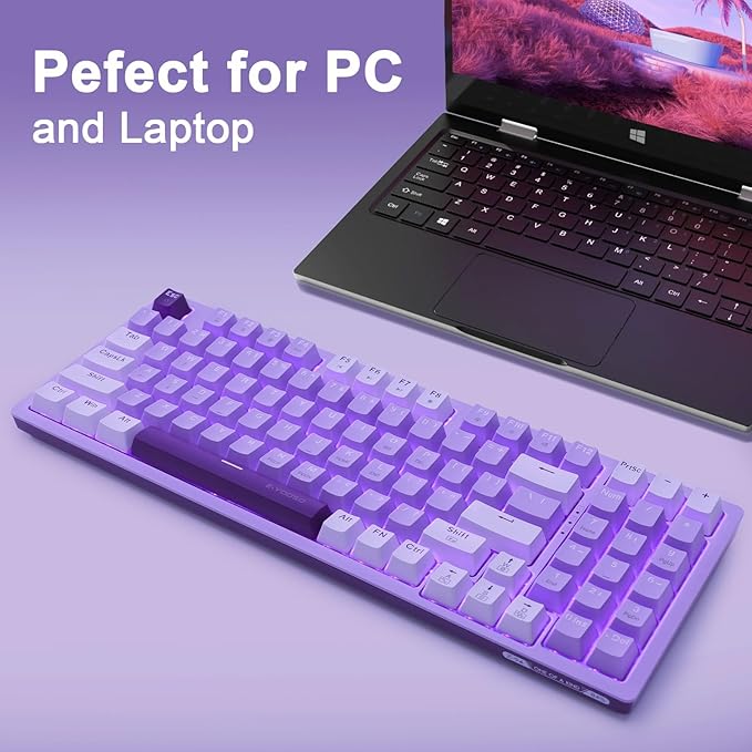 HUO JI Mechanical Gaming Keyboard USB Wired Compact with Number Pad Purple Led Backlit Red Switch Detachable Type C Cable 94 Keys for PC/Computer/Laptop Purple and White