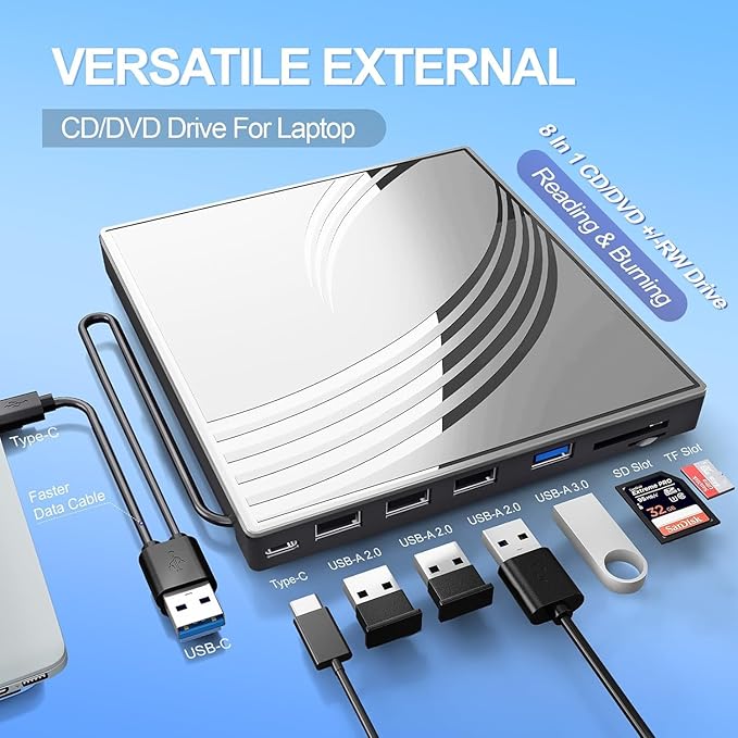 External CD/DVD Drive for Laptop with Carrying CaseDVD Player for LaptopPortable CD Burner with 4 USB Ports 2 TF/SD Card SlotsCD Disk Drive Player Reader Write