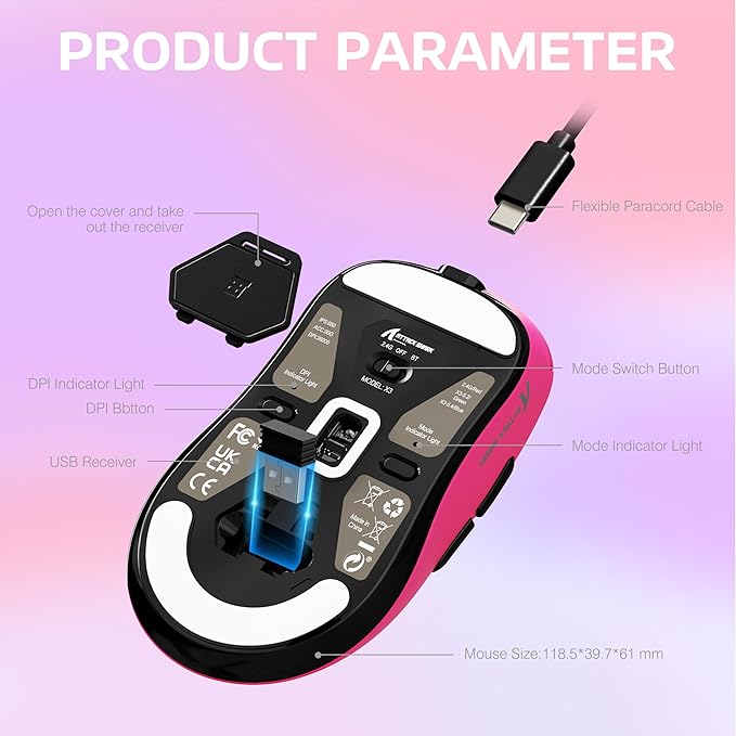 ATTACK SHARK X3 Wireless Gaming Mouse 49g Ergonomic Computer Mouse Triple Modes PAW3395 26K DPI Optical Sensor 200h Battery Life Programmable Buttons Gaming Accessories for PC/Laptop/Mac (Berry)