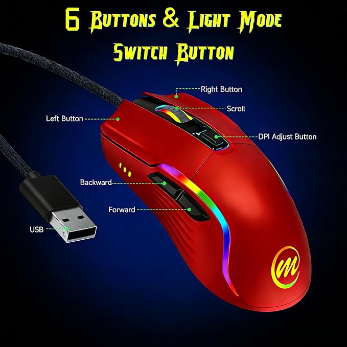 memzuoix Wired Gaming Mouse with RGB - 6 Adjustable DPI up to 12800 6 Buttons 12 Lighting Modes Ergonomic Design with Anti-Slip Rubber Wheel 5.6ft Braided Cable for PC/Mac/Windows - Red