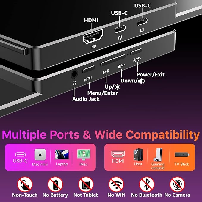 Portable Monitor 18.5 inch 2K QHD 120% sRGB 120Hz Travel Monitor for Laptop MacBook Surface PC Xbox PS5 HDMI USB-C VESA Compatible Built-in Speaker