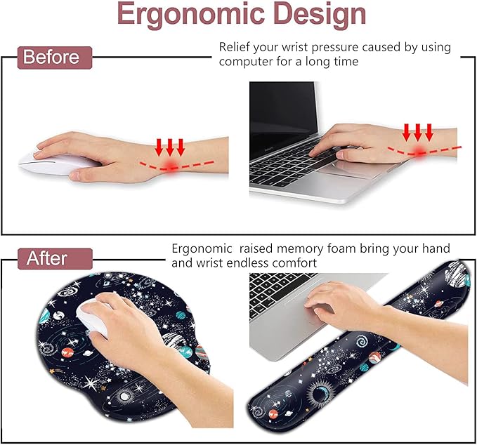 Mouse Pad with Wrist Support Soft Memory Foam Keyboard Wrist Rest Ergonomic Gel Mouse PadCute Cartoon Space Galaxy Constellation Office Easy Typing Games to Relieve Fatigue Non-Slip and Durable