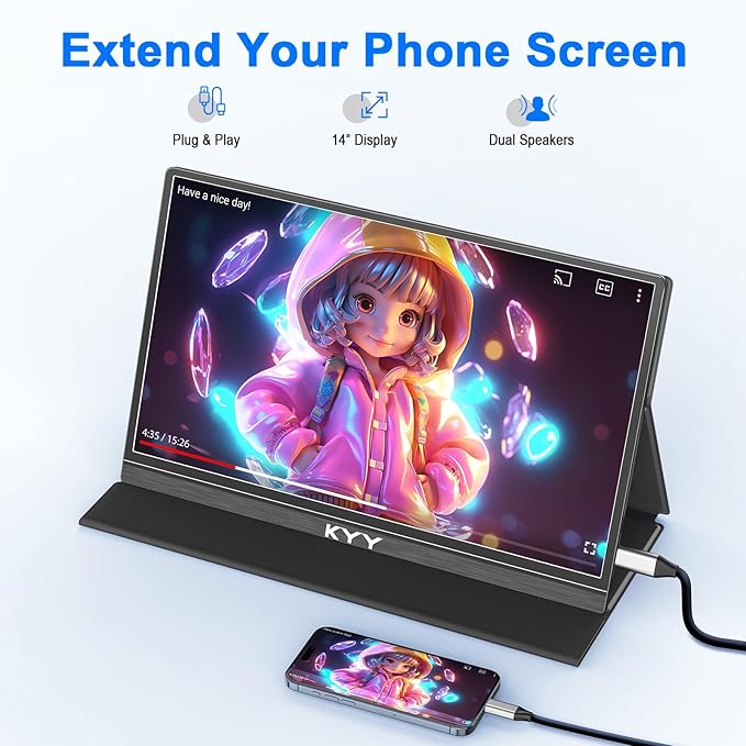 KYY Portable Monitor for Laptop 14 FHD 1080P Travel Monitor USB-C &amp HDMI Computer Gaming Screen with VESA Mount &amp Smart Cover Dual Speakers for Mac PC Phone Xbox PS5 Switch