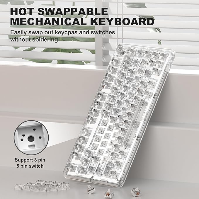 Transparent Mechanical Keyboard RGB Backlit Wireless Creamy Gaming Keyboards Hot Swap Customizable Clear Acrylic Design 80-Key Quiet Linear Switches 3 Modes BT5.0/2.4G/USB-C 4000mAh Battery White