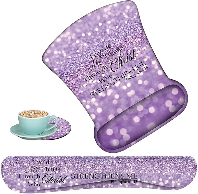 Keyboard Wrist Support + Wrist Mousepad + Coaster Combination Non-Slip PU Base with Gel Memory Mousepad Suitable for Gaming Office Pain Relief Mousepad Set - Purple Glitter Quote Philippians 4-13