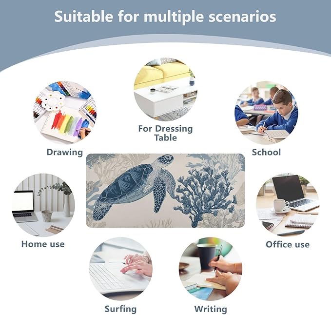 Mouse Pad Desk Mat Leather Desk Pad Large Gaming Desk Cover Protector Mat for Keyboard Computer Laptop Office Waterproof 47.2 x 23.6 Inch Beige and Blue Ocean Turtles Corals