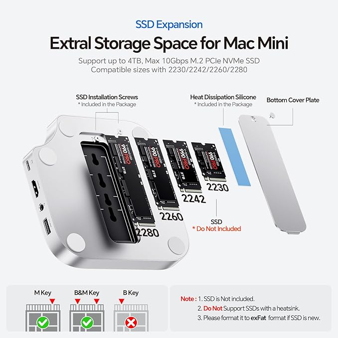 Mac mini M4 Dock No WiFi Interference PULWTOP Mac mini M4 Hub Stand with M.2 SSD Enclosure (SSD NOT Included) for Mac mini M4 and M4 Pro 2024 with 4K60Hz HDMI 3 x USB A 2.0 SD/TF 3.5mm Audio/Mic