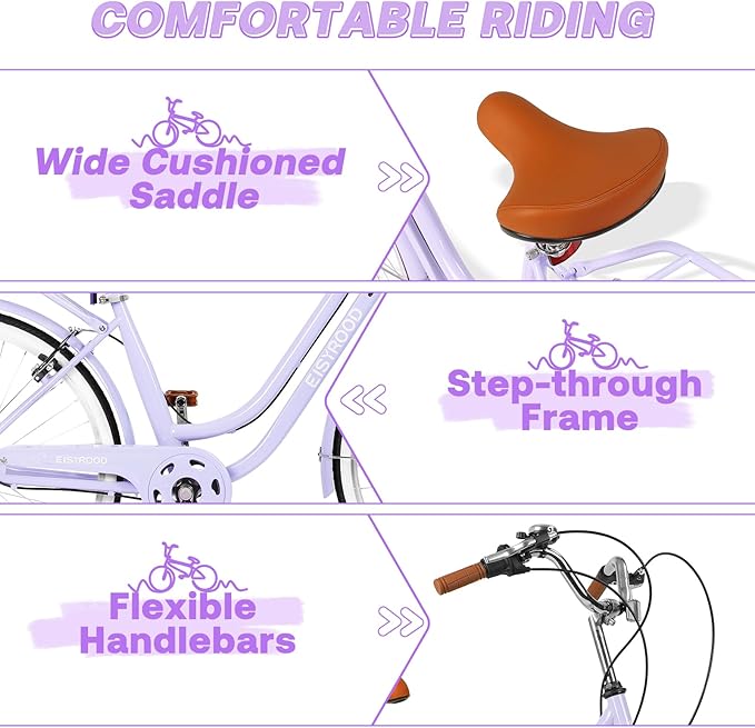 26 Women's Cruiser Bike 7-Speed City Bike Duable Bar Featuring Convenient Basket &amp Rack Perfect Adult Bicycle for Commuting Leisure and Stylish Comfortable Rides Purple