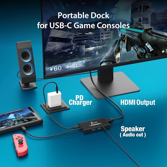 j5create Video Capture Card with PD 60W Pass-Through Charging Built-in Multi-Function hub Suitable for Streaming Live Broadcasting Video Conference Teaching Gaming (JVA01)