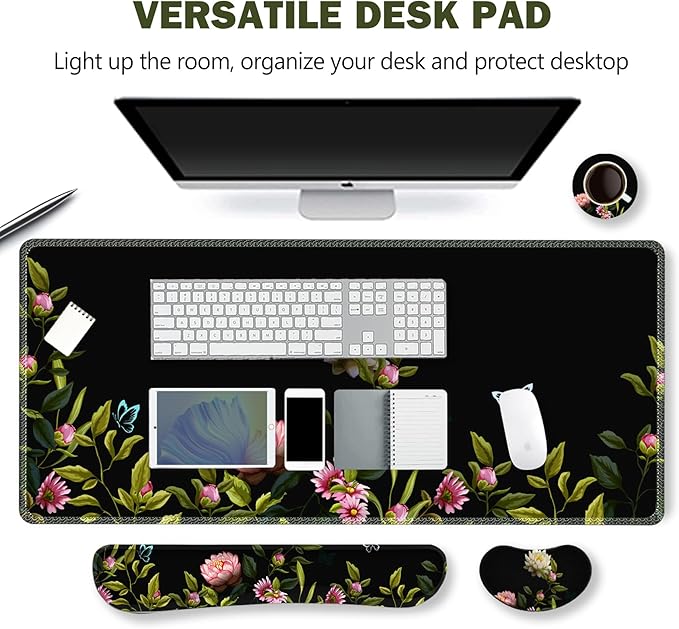 ARTSO Gaming Mouse Pad Wrist Support Set XXL Large Desk Mat Mousepad + Keyboard Wrist Support+ Mouse Wrist Rest+Coaster 4in1 Ergonomic Stitched Edge for Home Office -Flowers and Butterflies