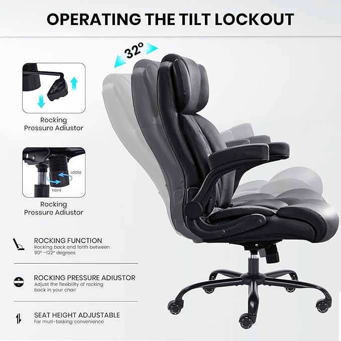 500lbs Big and Tall Office Chair Adjustable Lumbar Support for Back Pain Extra Wide Seat Executive Office Chair Thick Armrest Pad Heavy Duty Base&ampUpgraded Wheels Ergonomic Comfy Computer Desk C