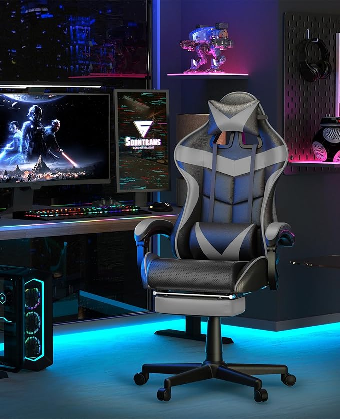 Soontrans Grey Gaming Chairs with FootrestErgonomic Computer Game Chair Gamer Chair with Lumbar Pillow and Adjustable Headrest (Galaxy Grey)