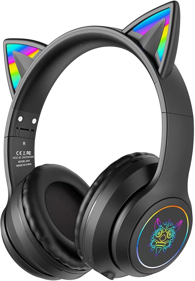 Bluetooth Cat Ear Headphones for Kids &amp Adults Wireless &amp Wired Mode Foldable Headset with Mic - Clear Sound Quality - RGB LED Light for Girls School Gaming for Phone/Laptop/PC/Tablet Blac