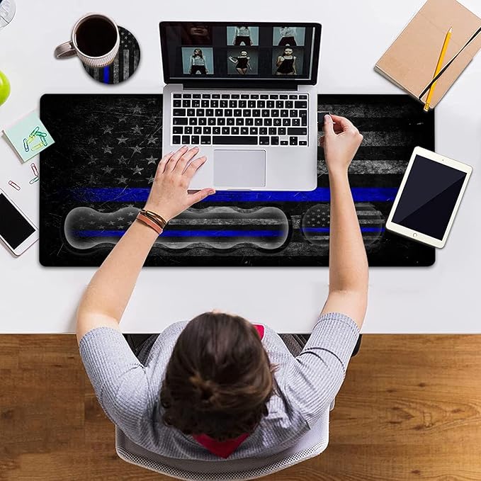 Large Gaming Mouse Pad with Stitched EdgesExtended XXL MousepadOffice Desk Pad Writing Pad31.5 x 11.8 inErgonomic Memory Foam Keyboard Wrist Rest SupportVintage Blue Black American Flag Desk Mat