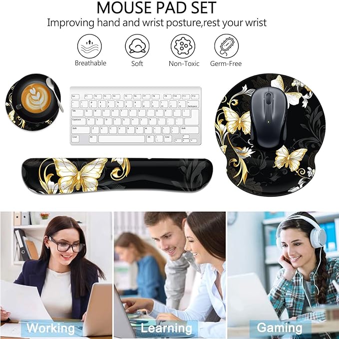 Keyboard Wrist Rest and Mouse Pad Wrist Support Set with CoastersNon-Slip PU Base Ergonomic Gaming Mousepad for Home Office Working Studying Easy Typing &amp Pain ReliefSilver Golden Butterfly