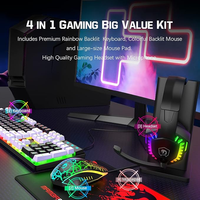 Wired Rainbow LED Backlit Keyboard and Mouse Over Ear Headphone with Mic Gaming Mice and Pad for PC Xbox and PS4 (Black/White)