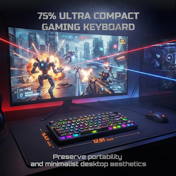 RK ROYAL KLUDGE 75% HE Mechanical Gaming Keyboard Wired Hall Effect Magnetic Compact Keyboard with Rapid Trigger 8000Hz Polling Rate Hot Swappable PCB RGB Backlit PBT Keycaps Volume Knob