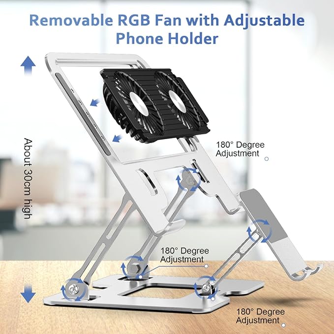 Laptop Cooling Stand with Detachable Fan2-IN-1 Laptop Stand with Phone Holder and Silent FansAdjustable Height and AngleCarbon Steel FrameworkLaptop Cooling Pad for up to 16”Laptop (White)