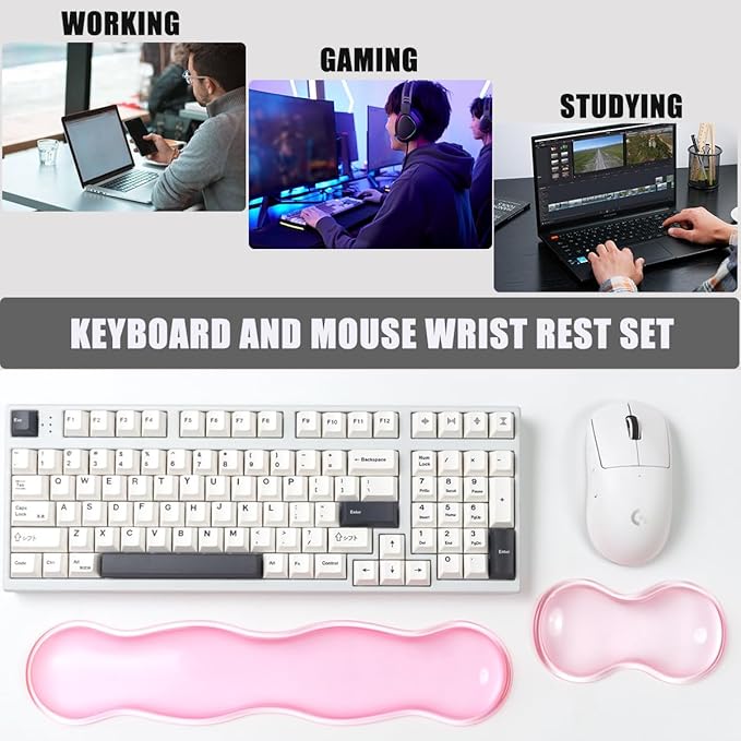 Ergonomic Silicone Gel Keyboard and Mouse Wrist Rest Set – Clear Wrist Rest for Keyboard 60%/68%/75% Comfort &amp Support for Typing and Gaming (Light Pink)