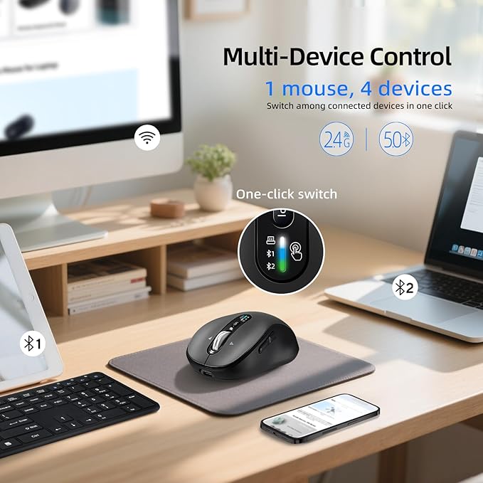 Wireless Bluetooth MouseMulti Device Ergo Computer MousesMetal 4-Way Super Scrolling± 3200 DPI10 ButtonsPlug&ampPlayQuietRechargeableUSB Cordless Mice for LaptopTabletMaciPadPCPhone (Gre