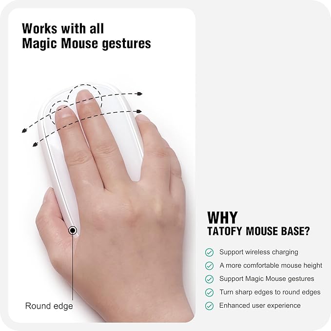 TATOFY Mouse Charger Compatible with Magic Mouse 2 (Lighting) Grip with Wireless Charging Support Ergonomic Base (White)