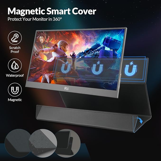 Rii Portable Monitor 15.6 inch 1080P FHD IPS Display with Cover Ultra-Slim USB-C HDMI Eye Care External Second Screen for Laptop/PC/Phone/Mac/Xbox/Switch/PS4/PS5 (with Cover 15.6 1080P)
