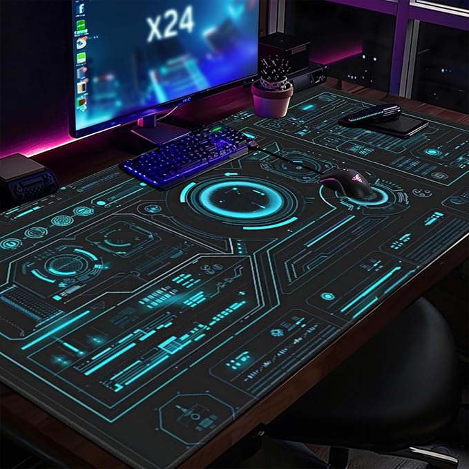 Large Extended Gaming Mouse Pad (48 x 24) Big Desk Matt for Desktop Waterproof Computer Keyboard Mat for Esports Pros/Gamer/Desktop/Office/Home-Cyberpunk Black and Blue