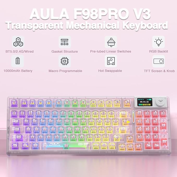 AULA F98 Pro V3 Wireless Mechanical Keyboard with Transparent KeycapsHot-swappablePre-lubed Linear SwitchesGasket StructureRGB BacklitTFT ScreenBT5.0/2.4G/USB-C Wired Computer Keyboard